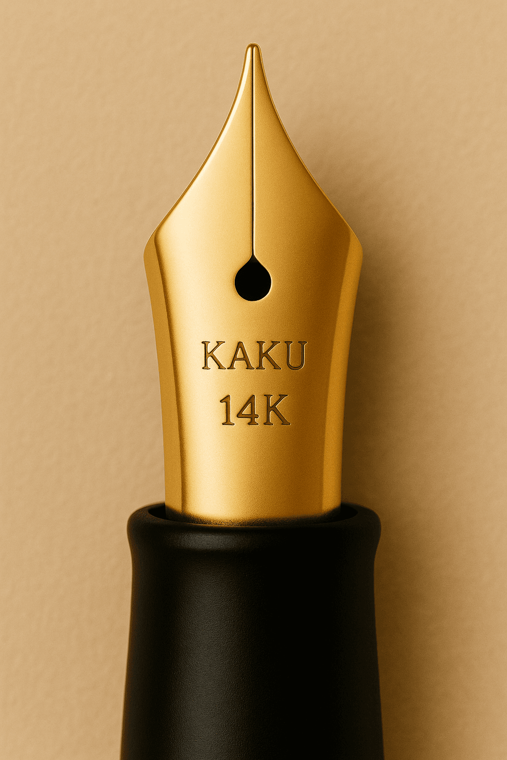 Macro photograph of the KAKU 14k gold nib: heart breather hole, hand-cut ink slit, and the KAKU 14K engraving, mounted on the black grip section