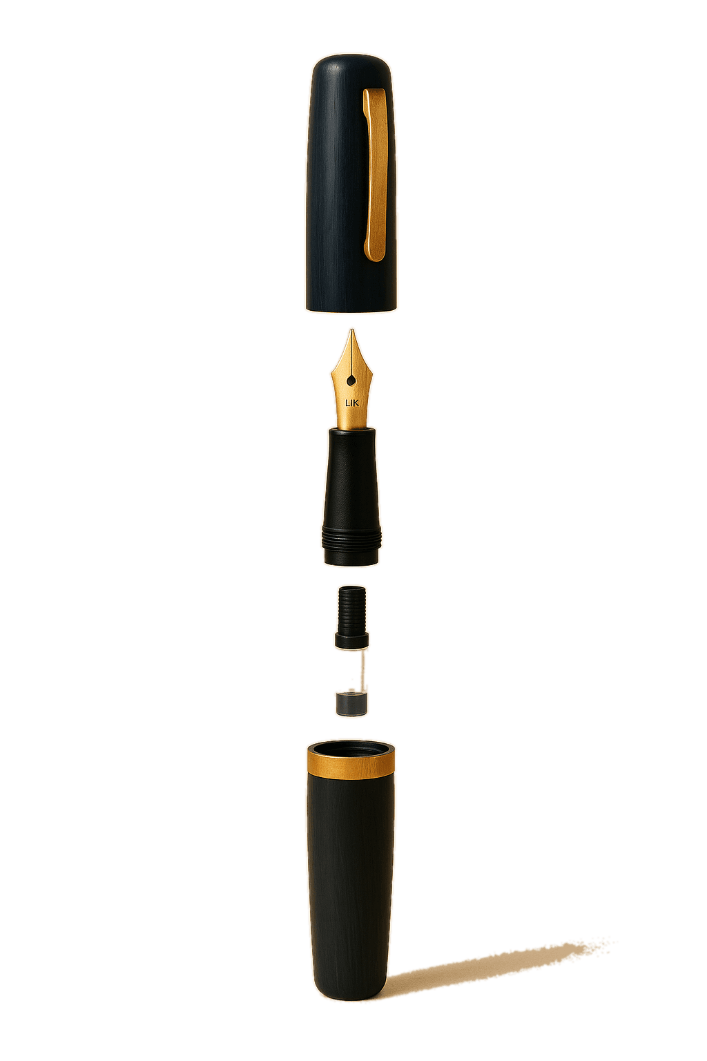 The same pen, disassembled: cap, 14k gold nib, grip section, converter, and ebonite barrel